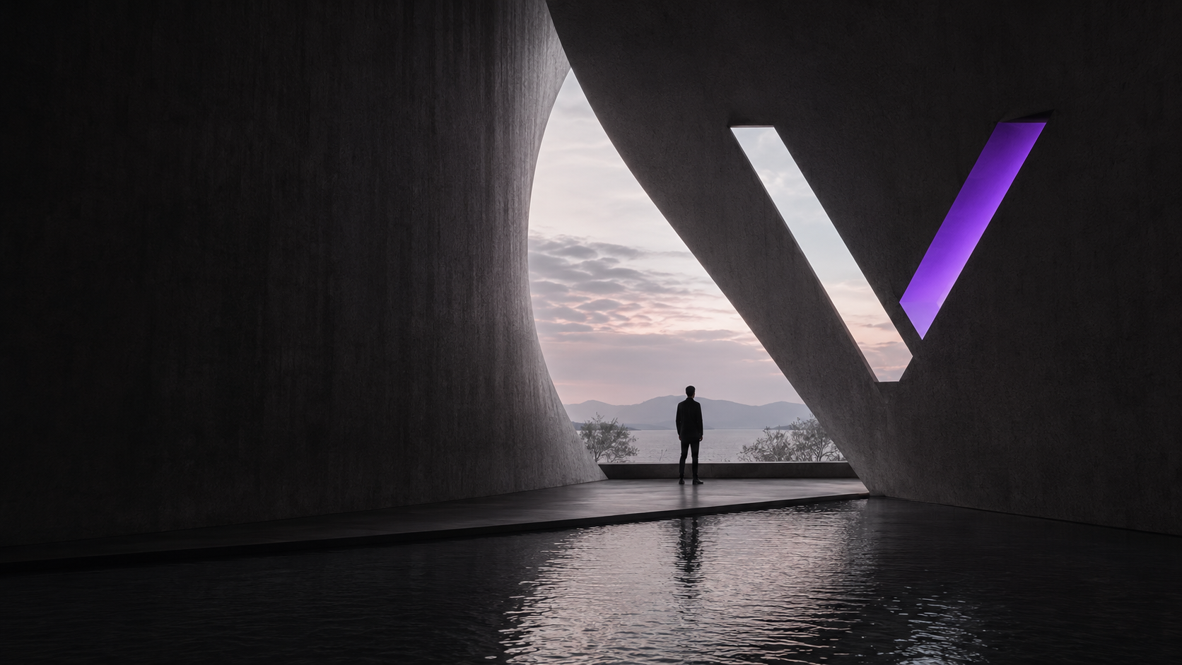 Dark architectural interior with a V-shaped opening and purple light.